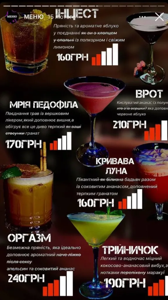 «Мрія педофіла», «Зґвалтований» та «Інцест»: у Харкові бар спровокував скандал назвами коктейлів. Про що йдеться